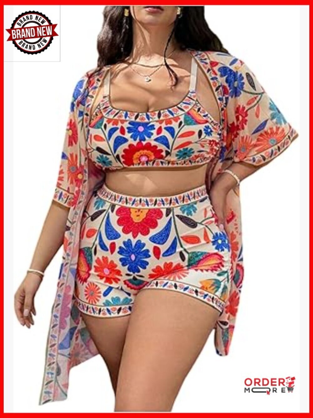 Plus Size 3 Piece Bikini Set High Waisted Bohemian Tropical Print Swim Beach